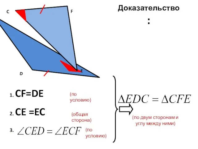 Доказательство: 1. CF=DE 2. CE =EC 3. (по условию) (общая сторона) (по условию)