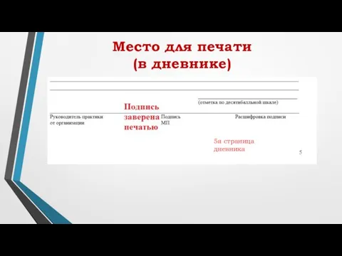 5я страница дневника Место для печати (в дневнике)