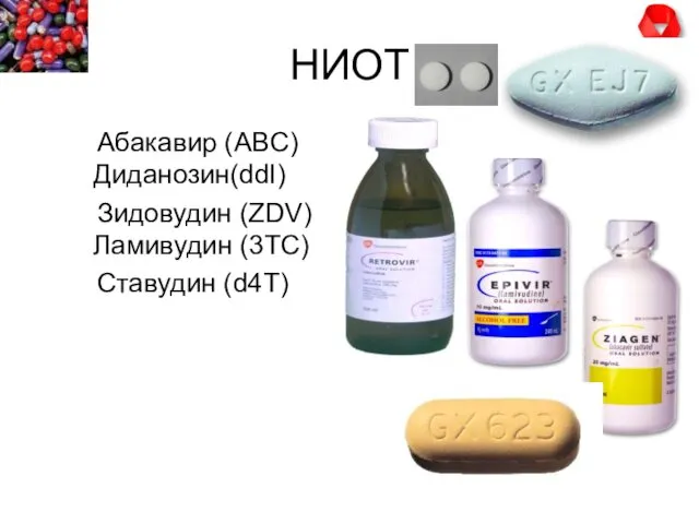 НИОТ Абакавир (ABC) Диданозин(ddI) Зидовудин (ZDV) Ламивудин (3TC) Ставудин (d4T)