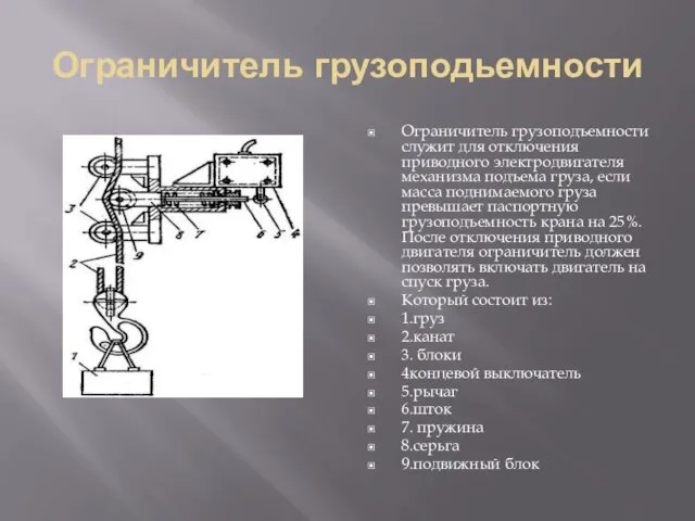 Ограничитель грузоподьемности Ограничитель грузоподъемности служит для отключения приводного электродвигателя механизма