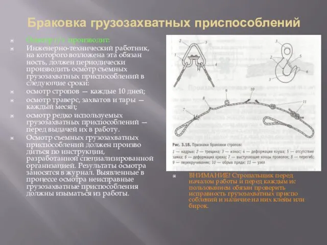 Браковка грузозахватных приспособлений Осмотр г/з производит: Инженерно-технический работник, на которого