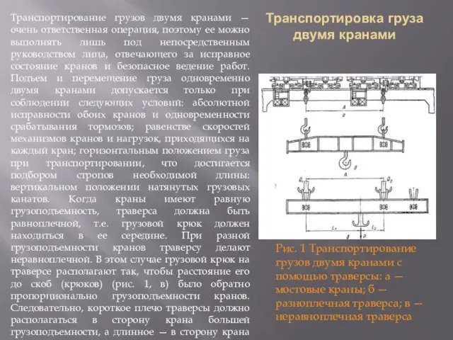 Транспортировка груза двумя кранами . Транспортирование грузов двумя кранами —