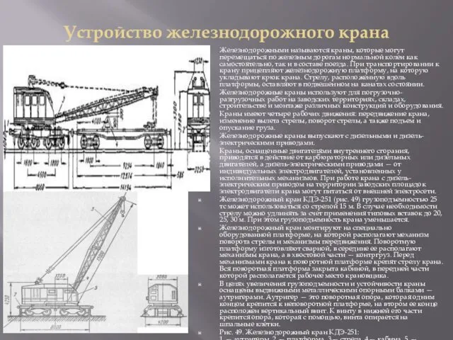 Устройство железнодорожного крана Железнодорожными называются краны, которые могут перемещаться по