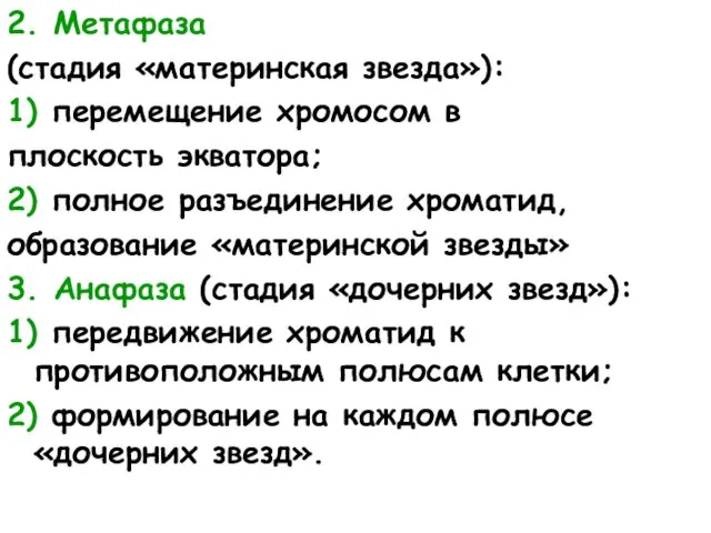 2. Метафаза (стадия «материнская звезда»): 1) перемещение хромосом в плоскость