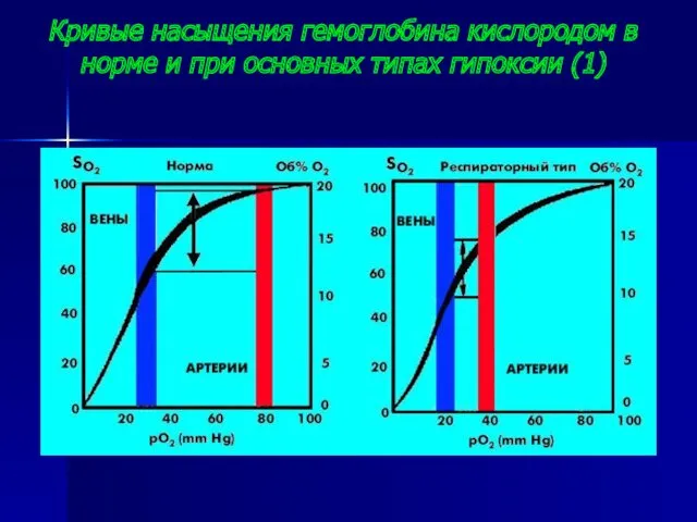 Кривые насыщения гемоглобина кислородом в норме и при основных типах гипоксии (1)