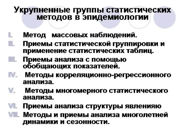 Укрупненные группы статистических методов в эпидемиологии Метод массовых наблюдений. Приемы