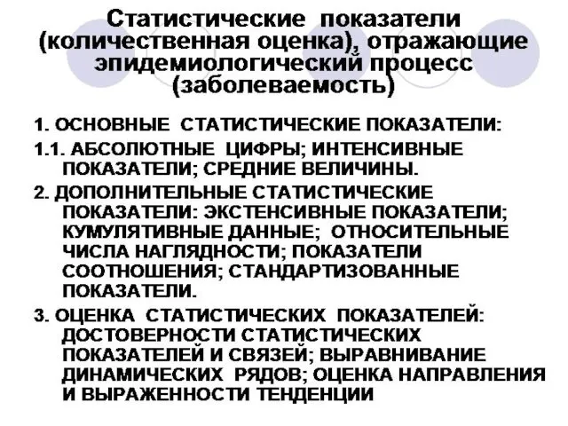 Статистические показатели (количественная оценка), отражающие эпидемиологический процесс (заболеваемость) 1. ОСНОВНЫЕ