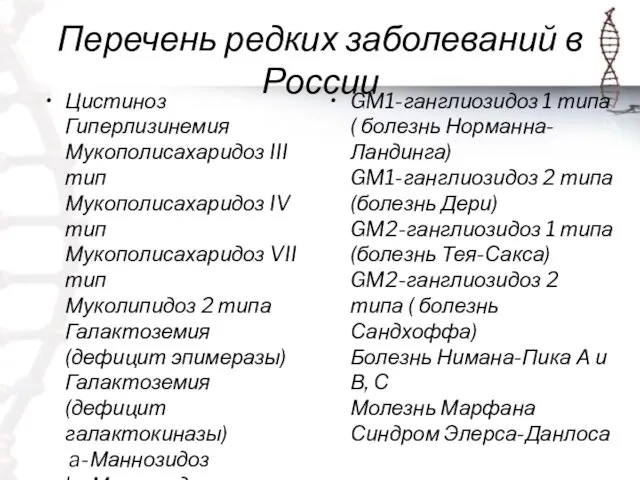 Перечень редких заболеваний в России Цистиноз Гиперлизинемия Мукополисахаридоз III тип