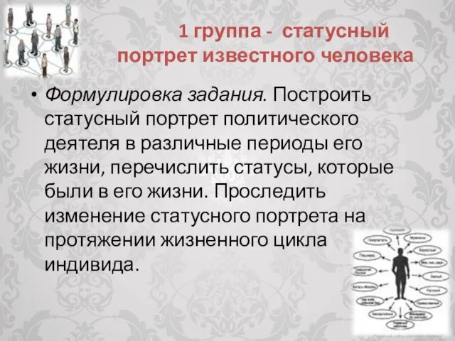 1 группа - статусный портрет известного человека Формулировка задания. Построить