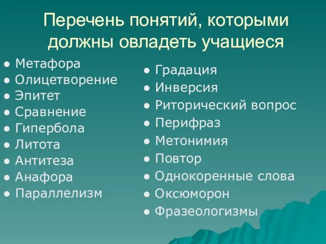 Перечень понятий, которыми должны овладеть учащиеся ● Метафора ● Олицетворение ● Эпитет ●