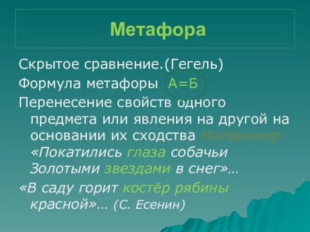 Метафора Скрытое сравнение.(Гегель) Формула метафоры А=Б Перенесение свойств одного предмета