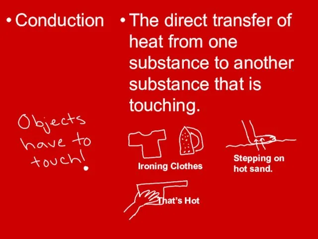 Conduction The direct transfer of heat from one substance to