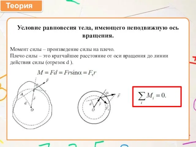 Теория Условие равновесия тела, имеющего неподвижную ось вращения. Момент силы