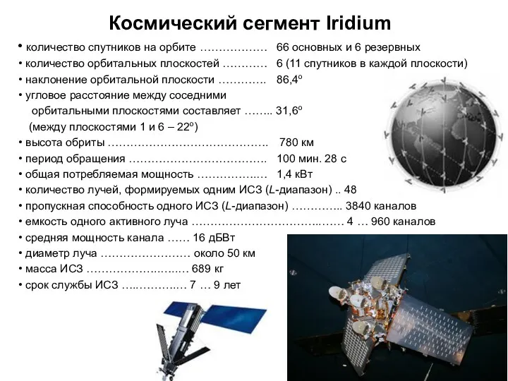 Iridium Космический сегмент Iridium количество спутников на орбите ……………… 66