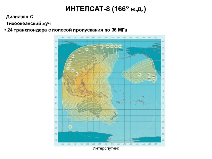 Интерспутник ИНТЕЛСАТ-8 (166o в.д.) Диапазон С Тихоокеанский луч 24 транспондера с полосой пропускания по 36 МГц