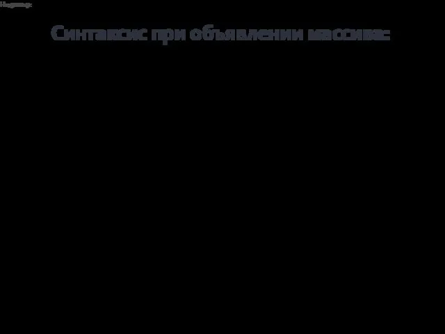 Синтаксис при объявлении массива: Между именем типа и именем переменной