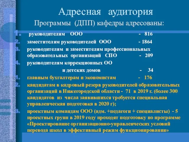 Адресная аудитория Программы (ДПП) кафедры адресованы: руководителям ООО - 816 заместителям руководителей ООО