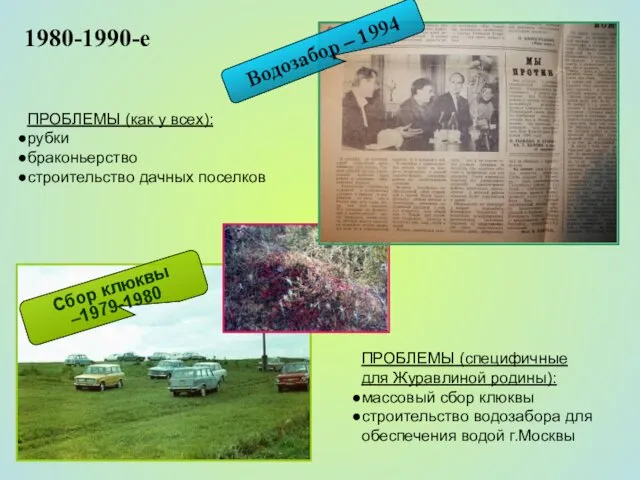 Сбор клюквы –1979-1980 Водозабор – 1994 1980-1990-е ПРОБЛЕМЫ (как у