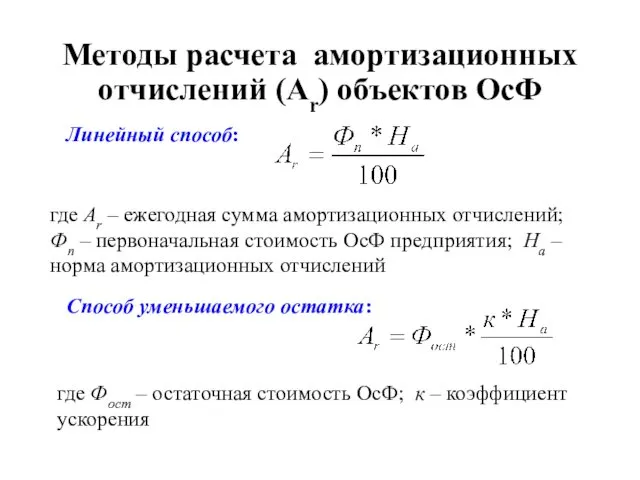 Методы расчета амортизационных отчислений (Аr) объектов ОсФ Линейный способ: где Аr – ежегодная