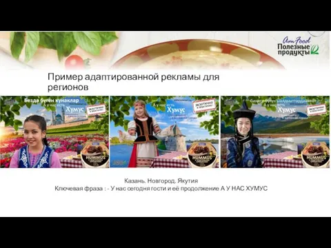 Пример адаптированной рекламы для регионов Казань. Новгород. Якутия Ключевая фраза : - У