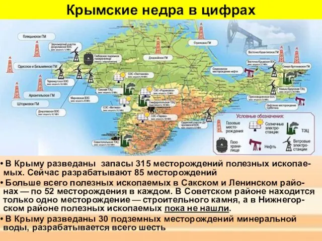 В Крыму разведаны запасы 315 месторождений полезных ископае-мых. Сейчас разрабатывают