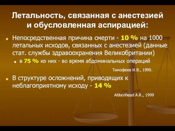 Летальность, связанная с анестезией и обусловленная аспирацией: Непосредственная причина смерти