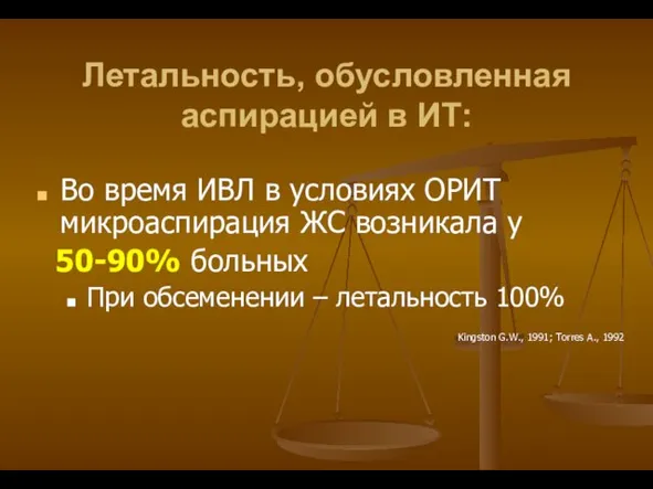 Летальность, обусловленная аспирацией в ИТ: Во время ИВЛ в условиях