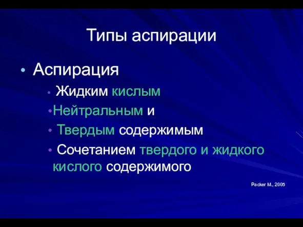 Типы аспирации Аспирация Жидким кислым Нейтральным и Твердым содержимым Сочетанием