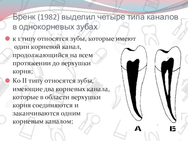 Бренк (1982) выделил четыре типа каналов в однокорневых зубах к