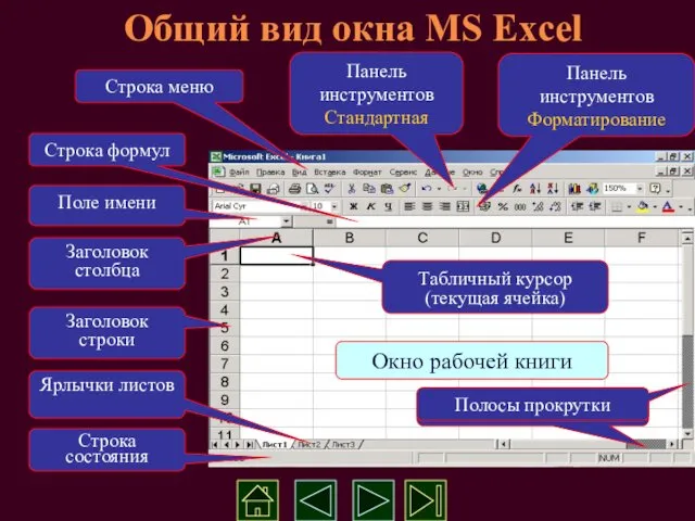 Общий вид окна MS Excel Строка меню Строка формул Заголовок