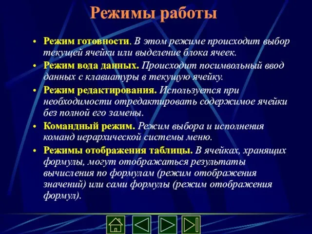 Режимы работы Режим готовности. В этом режиме происходит выбор текущей