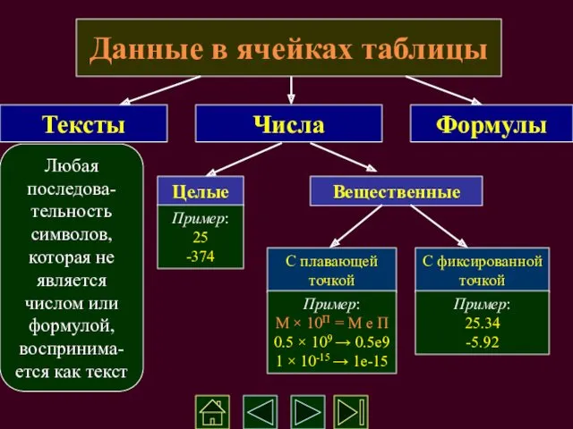 Данные в ячейках таблицы Тексты Числа Формулы Любая последова-тельность символов,