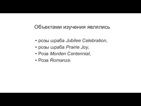Объектами изучения являлись розы шраба Jubilee Celebration, розы шраба Prairie Joy, Роза Morden Centennial, Роза Romanze.
