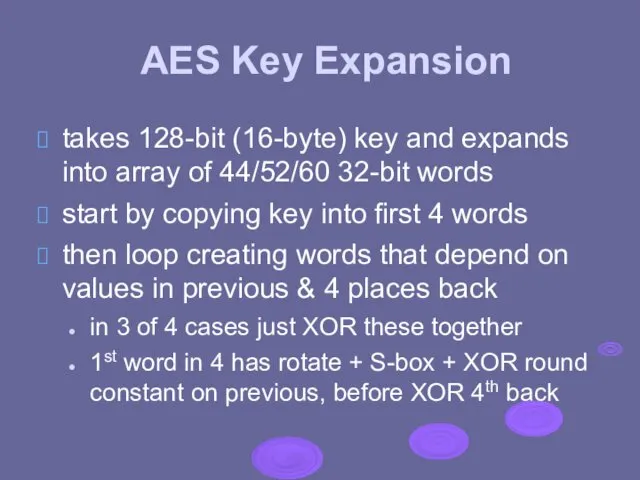 AES Key Expansion takes 128-bit (16-byte) key and expands into