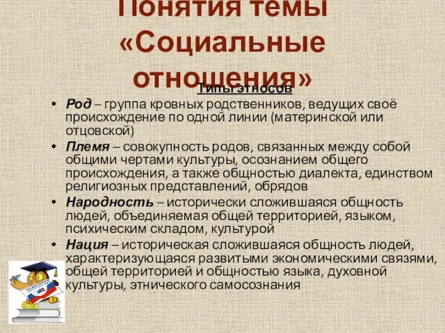 Понятия темы «Социальные отношения» Типы этносов Род – группа кровных родственников, ведущих своё