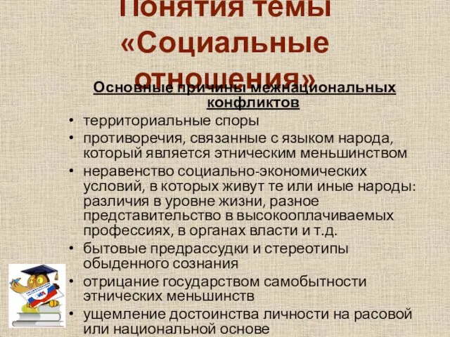 Понятия темы «Социальные отношения» Основные причины межнациональных конфликтов территориальные споры противоречия, связанные с