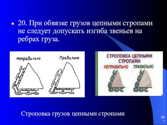 * 20. При обвязке грузов цепными стропами не следует допускать