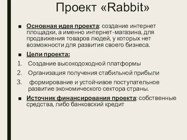 Проект «Rabbit» Основная идея проекта: создание интернет площадки, а именно