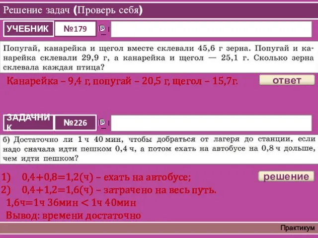 Решение задач (Проверь себя) Практикум ответ Канарейка – 9,4 г,