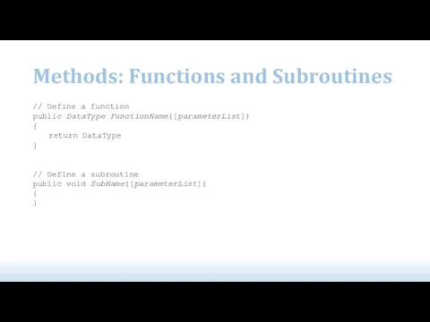 Methods: Functions and Subroutines // Define a function public DataType