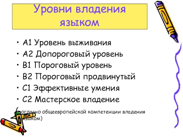 Уровни владения языком А1 Уровень выживания А2 Допороговый уровень В1