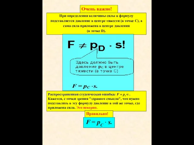 Очень важно! При определении величины силы в формулу подставляется давление