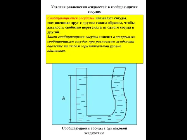 Условия равновесия жидкостей в сообщающихся сосудах Сообщающимися сосудами называют сосуды,