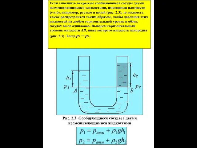 Если заполнить открытые сообщающиеся сосуды двумя несмешивающимися жидкостями, имеющими плотности ρ1 и ρ2,