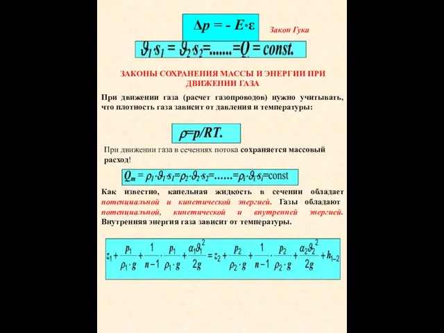 Δp = - E⋅ε Закон Гука ЗАКОНЫ СОХРАНЕНИЯ МАССЫ И