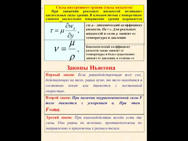 Силы внутреннего трения (силы вязкости) При движении реальных жидкостей возникают касательные силы трения.