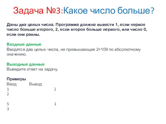 Задача №3:Какое число больше? Даны два целых числа. Программа должна