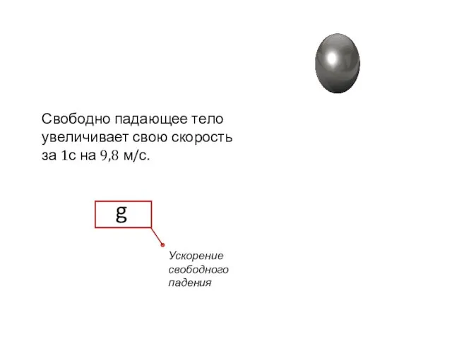 Свободно падающее тело увеличивает свою скорость за 1с на 9,8 м/с. g