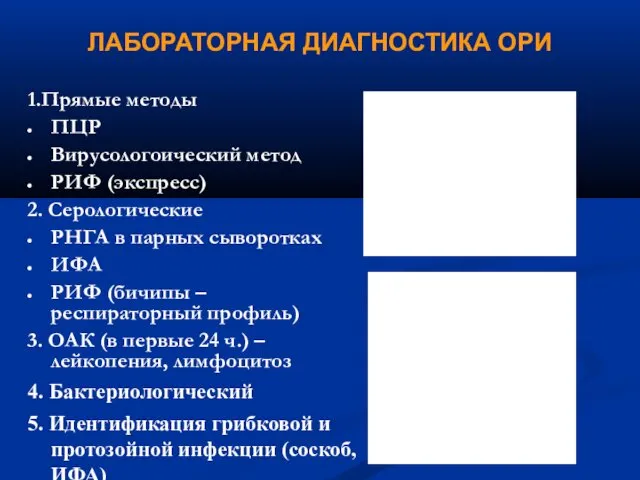 ЛАБОРАТОРНАЯ ДИАГНОСТИКА ОРИ 1.Прямые методы ПЦР Вирусологоический метод РИФ (экспресс)