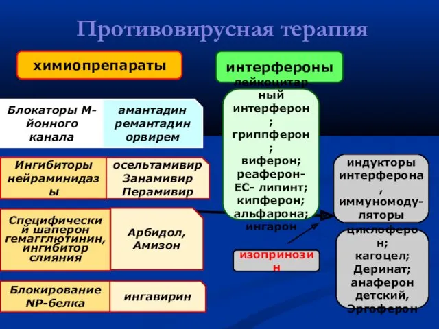 Противовирусная терапия химиопрепараты интерфероны индукторы интерферона, иммуномоду-ляторы Блокаторы М-йонного канала